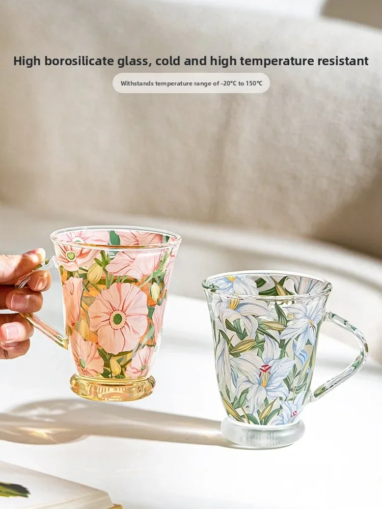 Heat Resistant Glass Cup Cybil Lilies Flower Design Water Coffee Drinking Cup High Aesthetic Value Home Use Gift