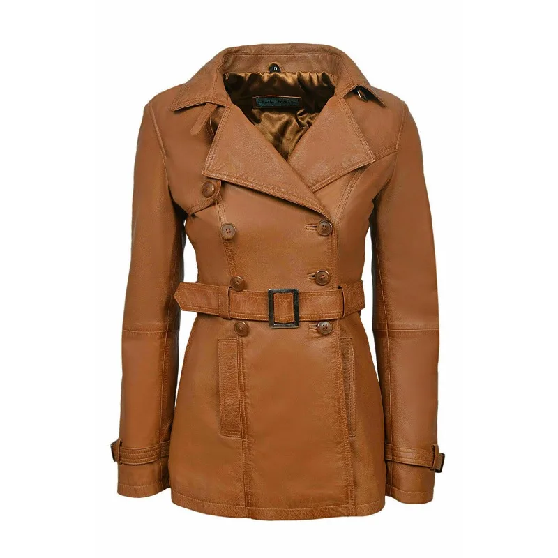 

Women's Lambskin 100% Leather Long Trench Coat Double Breasted Tan Belt Overcoat