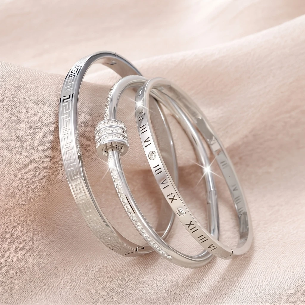 3Pcs Women's Luxury 316L Stainless Steel Bracelet Set, with Zircon Inlaid Hourglass Shape, Greek Pattern Roman Numerals Inlaid with Zircon, Waterproof Steel-Colored Bracelets, Exquisite Jewelry Gift