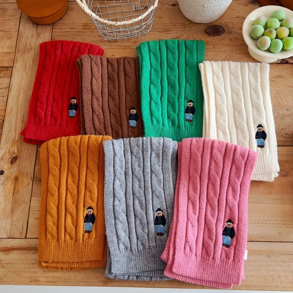Thicken Children's Knitted Scarf Solid Color Keep Warm Infant Neckwarmers Bear Embroidery Children's Winter Scarf Kids