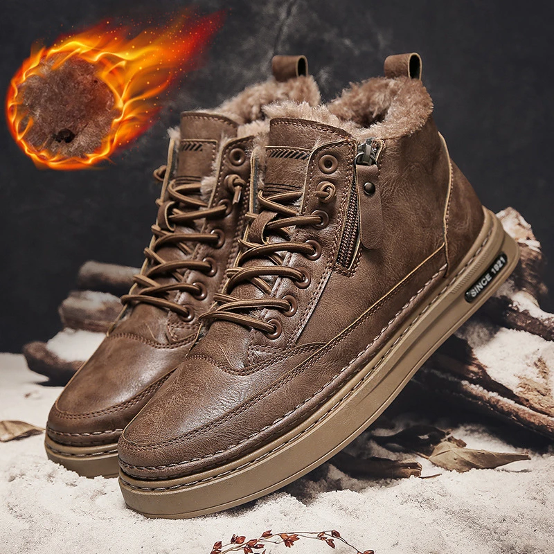 Botas de nieve para hombre, zapatos de algodón gruesos y cálidos de terciopelo, zapatillas informales de cuero, tenis antideslizantes impermeables para invierno