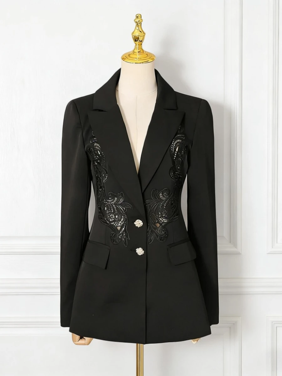 Luksusowa, minimalistyczna marynarka wyszczuplająca dla kobiet VGH, kołnierz z klapami, długi rękaw, patchworkowa, z koronkowym haftem, ażurowa kurtka damska, nowość.