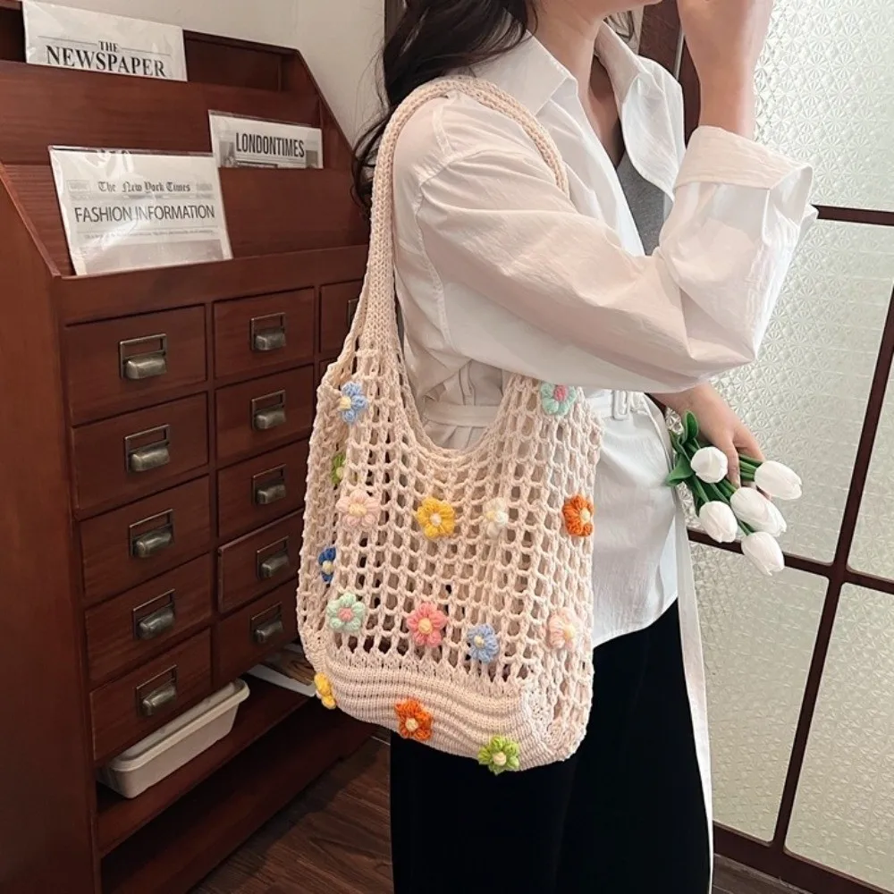 New Flowers Woven Tote Bag Large Capacity Lightweight Beach Hobo Bag Hollow Mesh Cotton Fishing Net Bag Summer