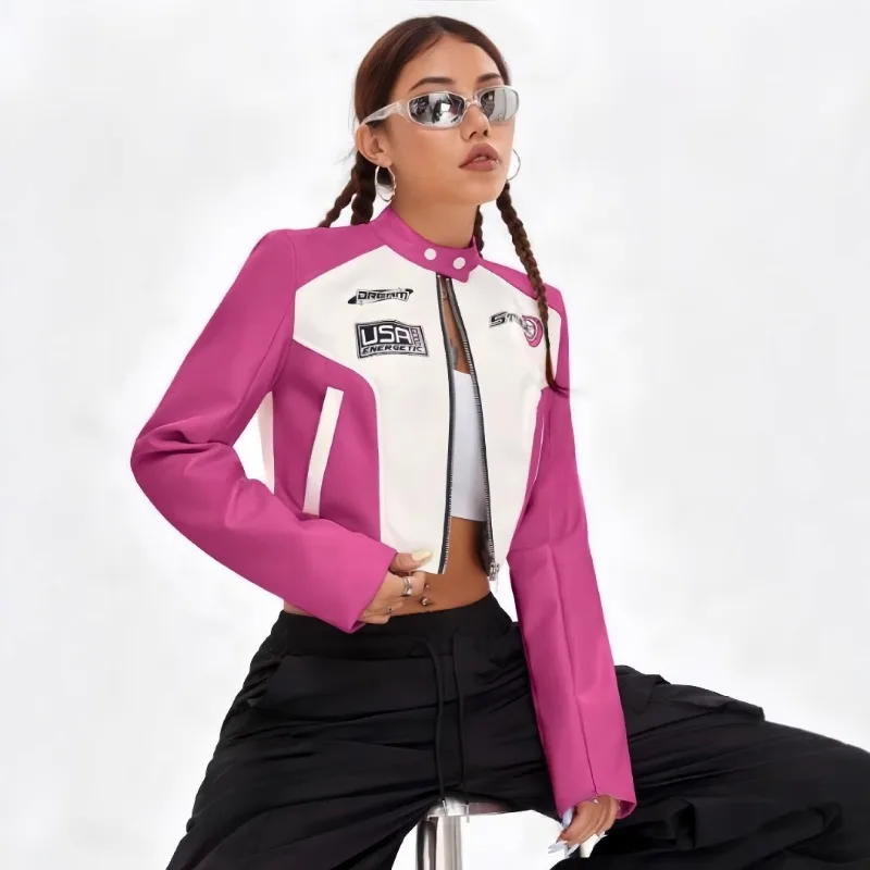 Women's Autumn/Winter Top Coat Imitation Leather Cardigan Stand-up Collar Color Blocking Letter Print Casual Design Fashion New