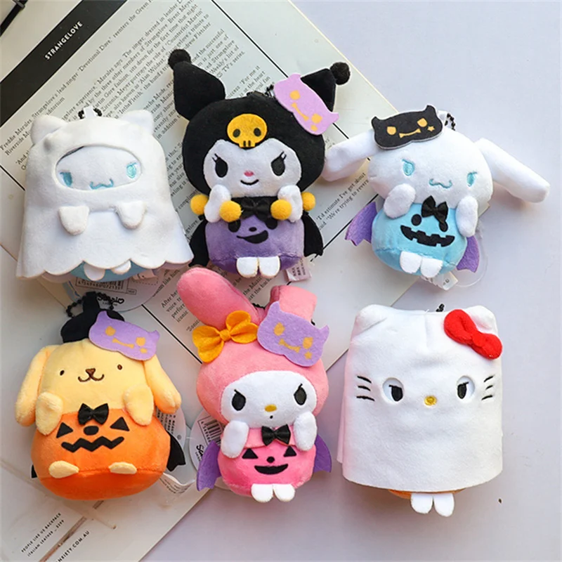 Sanrio Halloween Plush Doll Keychain Hello Kitty Kuromi Pom Pom Purin Hangyodon Cartoon Toy Pendant  Accessories Holiday Gift