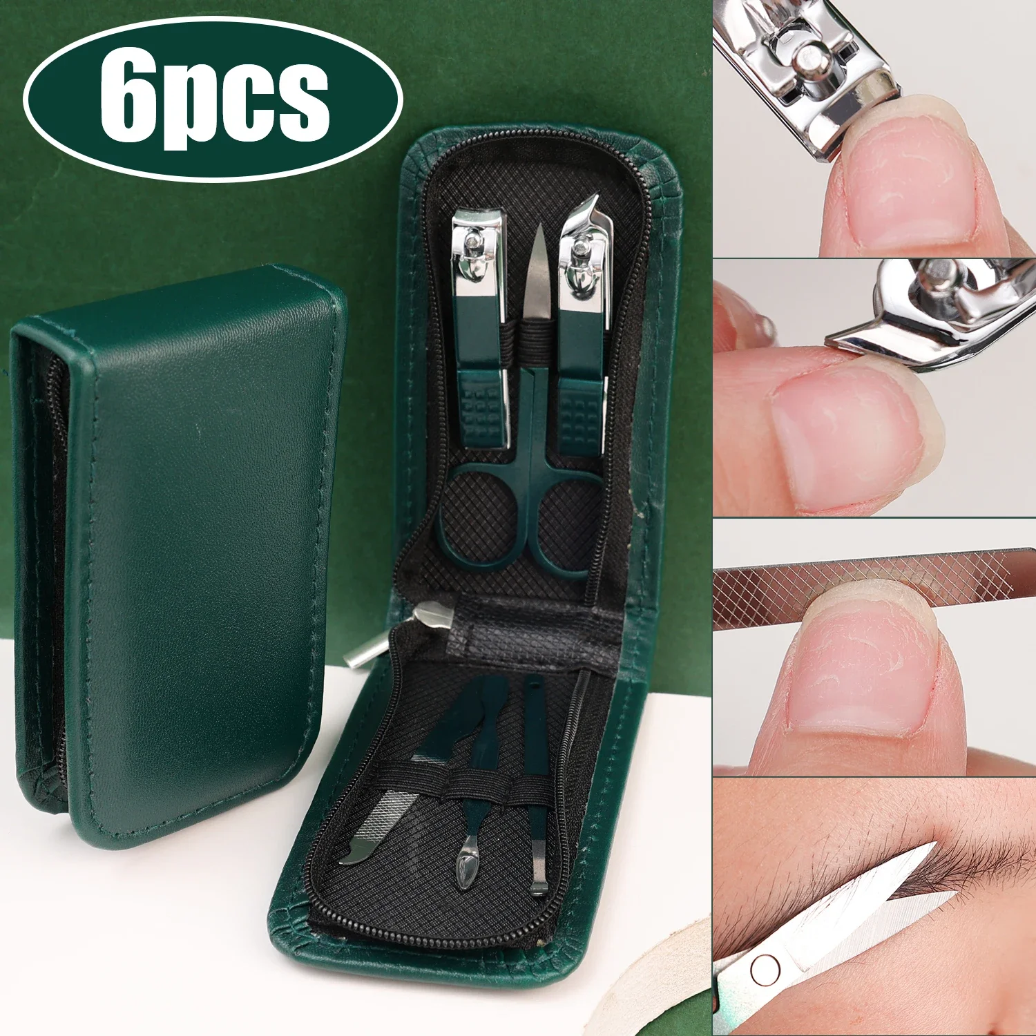 Ensemble de ciseaux à ongles portables en acier au carbone, vert et noir, coupe-ongles, lime, manucure, Kit d'outils de beauté, fonction complète, 6 pièces