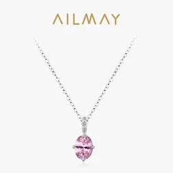 Ailmay 925 Sterling Silver Sweet Romantic Pink Oval Zircon Pendant Necklace For Women's Everyday, Vacation And Dating Wear, Gift
