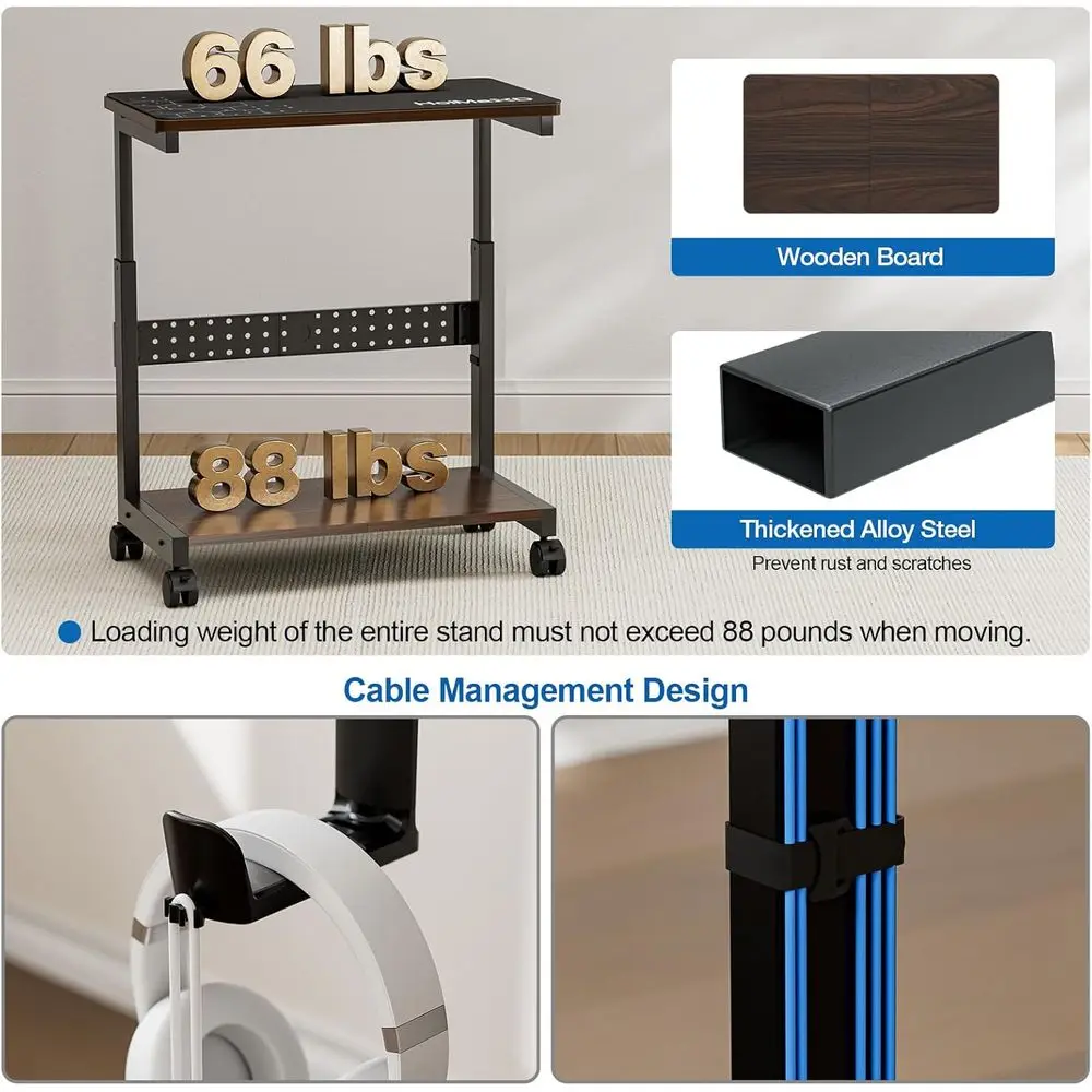 Walnut 2-Tier Adjustable Computer Stand with Mouse Pad and Headphone Holder, Desk-Mounted PC Cart for Home Office and Gaming