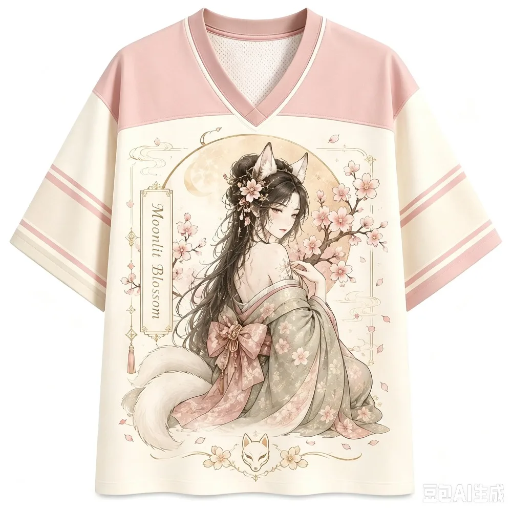 Sommermode Neues Retro-Kirschblüten-Fuchs-Elfen-Design 3D-Druck Y2K Outdoor-Freizeit-Fitness-Stil V-Ausschnitt Schnelltrocknendes T-Shirt Groß – Detail 6