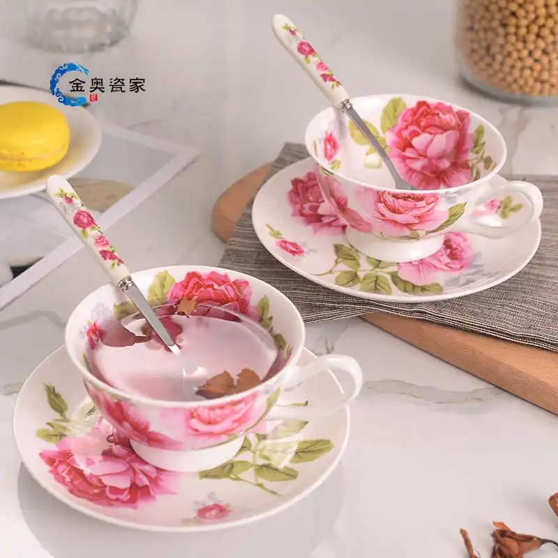 Coffee cup set, European bone china, English afternoon tea set, black tea cup plate set, four cups, four plates, four spoons