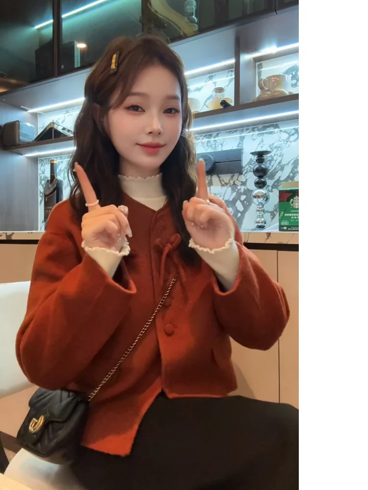 

Xuanxuanchen Miss Xiuzhu ort Double-Faced Woolen Coat Long Sve Thi Autumn Outerwear Ele Lady's Faion