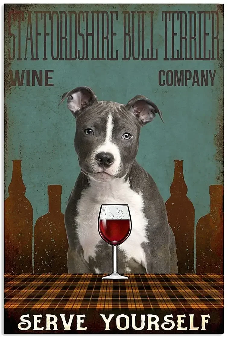 Easily Distracted By Dogs and Wine Bull Terrier Reproduction Metal Tin Sign Wall Decor room decor posters