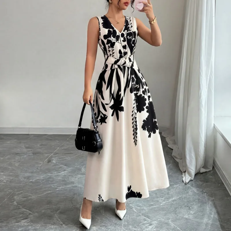 Neue Sommerkleider für Damen, schmal geschnitten, ärmellos, V-Ausschnitt, elegantes A-Linien-Kleid mit Print, Damenkleider, Vestidos De Verano Mujer Q3645