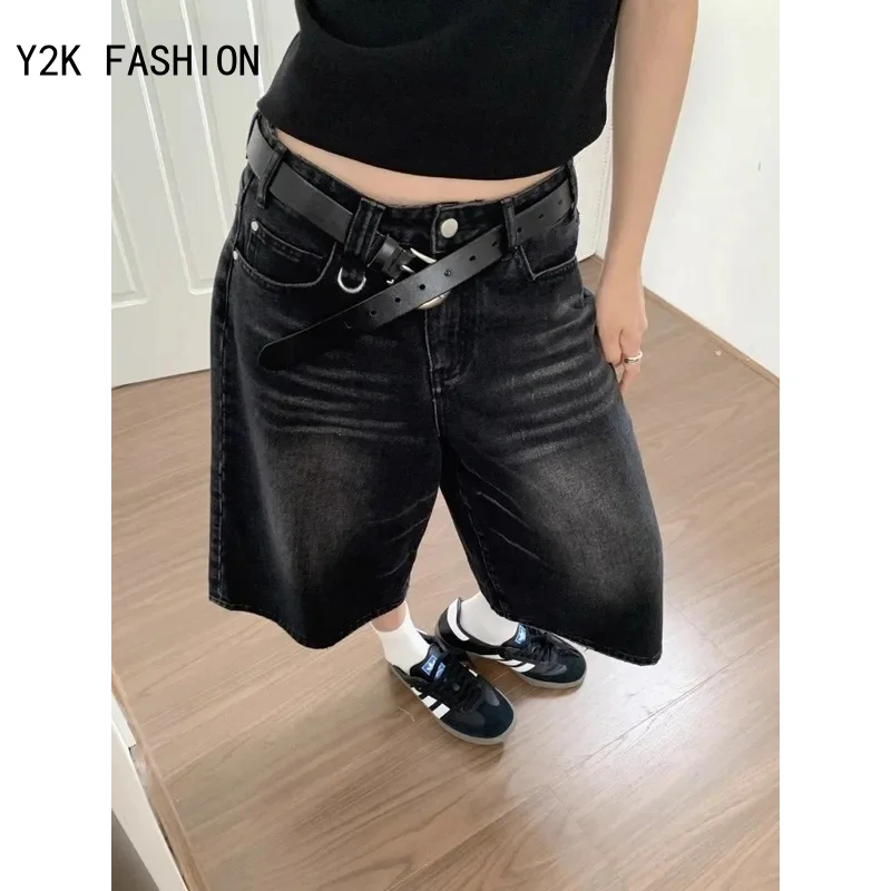 Vintage High Waist Black Retro Washed Denim Shorts Women's Fashion Casual Loose Fit Y2K Streetwear Mid Long Short