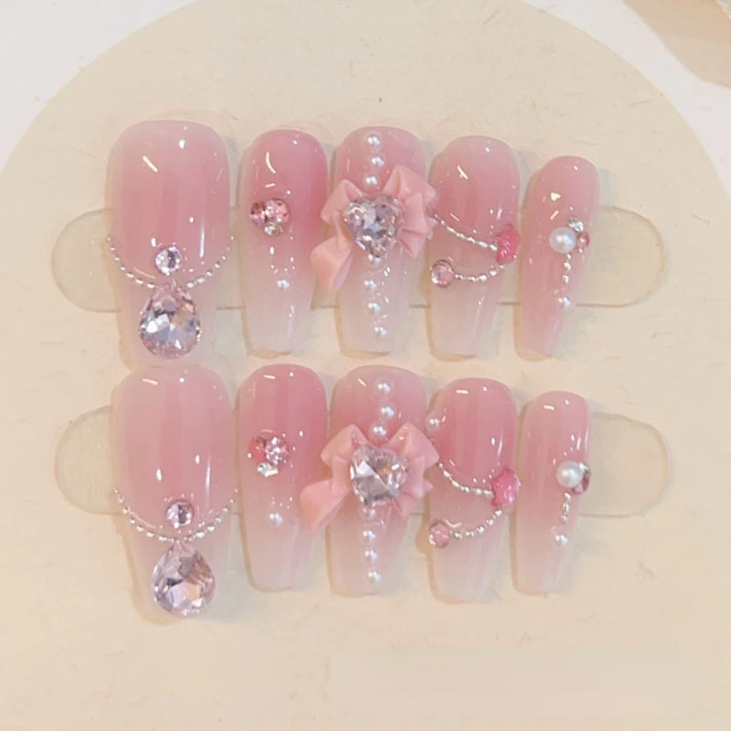 10 Stuks Meisje Handgemaakte Pers Op Nagels Volledige Dekking Nagel Tips Draagbare Valse Nagel Gradiënt Roze Nep Nagel Met 3d Hart Diamant Design