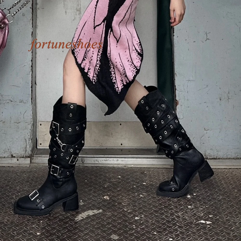 Plataforma chunky salto alto botas femininas fivela de cinto deslizamento no dedo do pé quadrado sólido outono/inverno botas moda casual 2024 mais novas botas