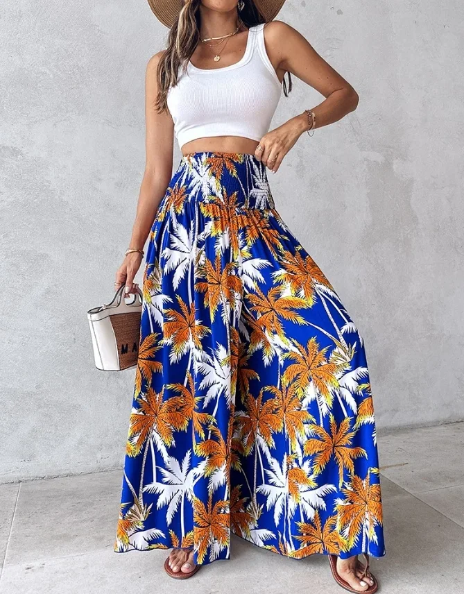 Calça feminina de pernas largas, calça casual de férias, estampa floral tribal boho vintage, mais recente, primavera, verão, 2022