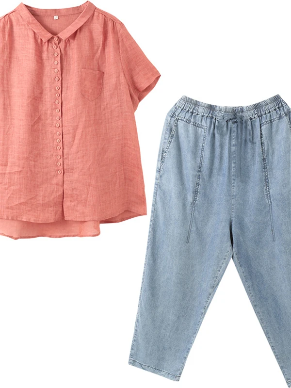 Koreaanse Sle Plus Size Verborgen Retro Tweedelige Set Casual Katoen Linnen Top Plus Denim Jeans Zomer Nieuwe Vrouwen faion Set