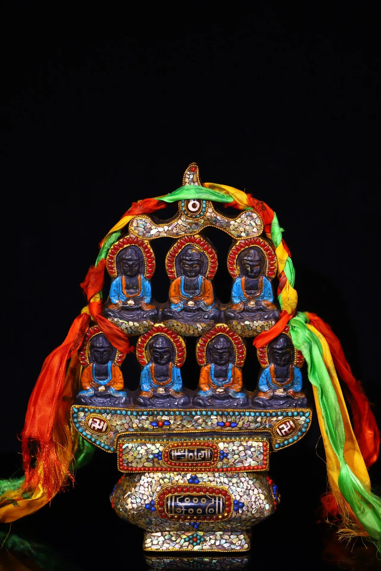 

10"Nepalese folk Old Natural Meteorite Mosaic Gem gZi Beads Shell Seven Treasure Buddha Buddhist Niche Worship Hall