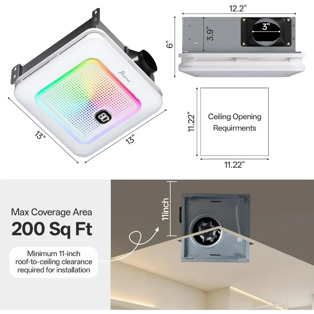 Remote Control 7 Colors 3 Color Temperatures Nightlight Easy Bathroom Exhaust Fan with Bluetooth Speaker 230 CFM LED Light
