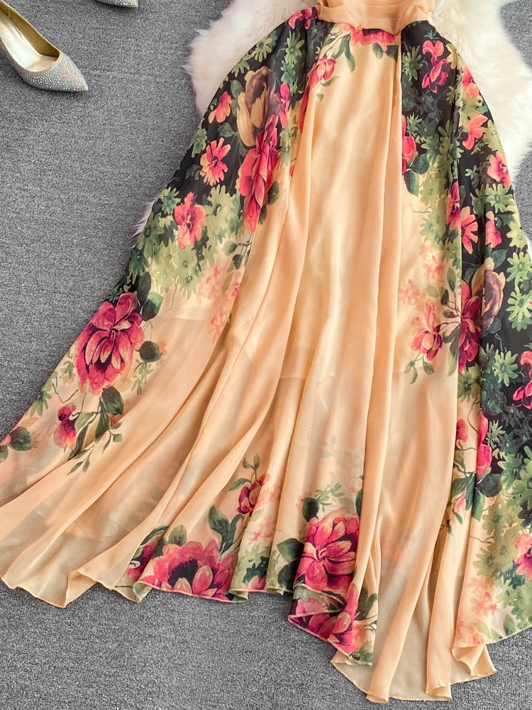 Elegant Evening Party Dress Women Sexy V-neck Floral Printed A-line Long Dresses Ladies Sleeveless Slim A-line Chiffon Long Robe