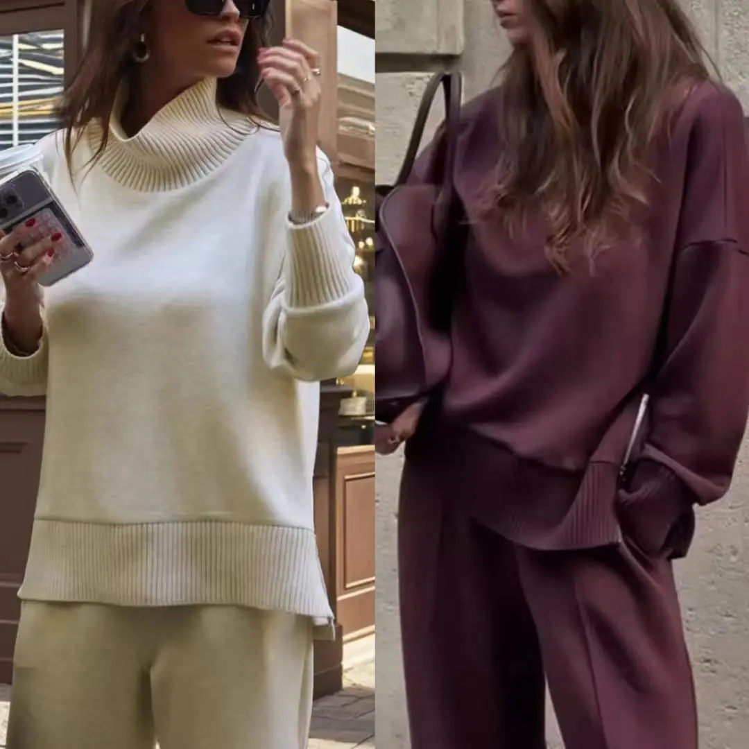 Women's Autumn Winter Knitted 2 Piece Set Casual Simple Solid Long Sleeve Turtleneck Zipper Pullover Top Trousers Pants Sets