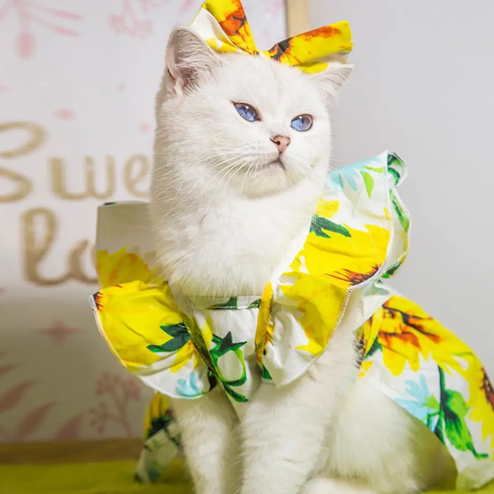 

Sunflower Print Pet Dress Pet Sunflower Print Dress Set with Sleeves Bow Decor Lightweight Skirt for Cats Dogs for Stylish