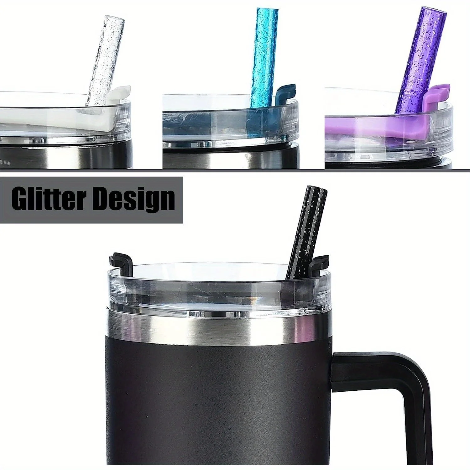 12 Pack Reusable Plastic Glitter Straws with Covers and Cleaning Brush for Tumblers - Compatible with 40oz, 30oz