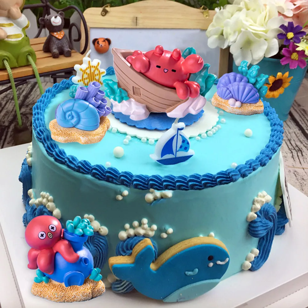 Sea Ocean Animals Cake Topper Shell Shark Octopus Decorations For Kids Mermaid Birthday Under The Sea Baby Shower Party Decors
