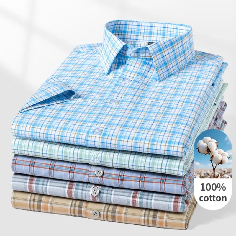 

Summer Men's 100% Cotton Shirt Fashion Plaid Shirt Casual Pure Cotton Breathable Short Sleeved Shirts Plus Size Boho Beach Shirt