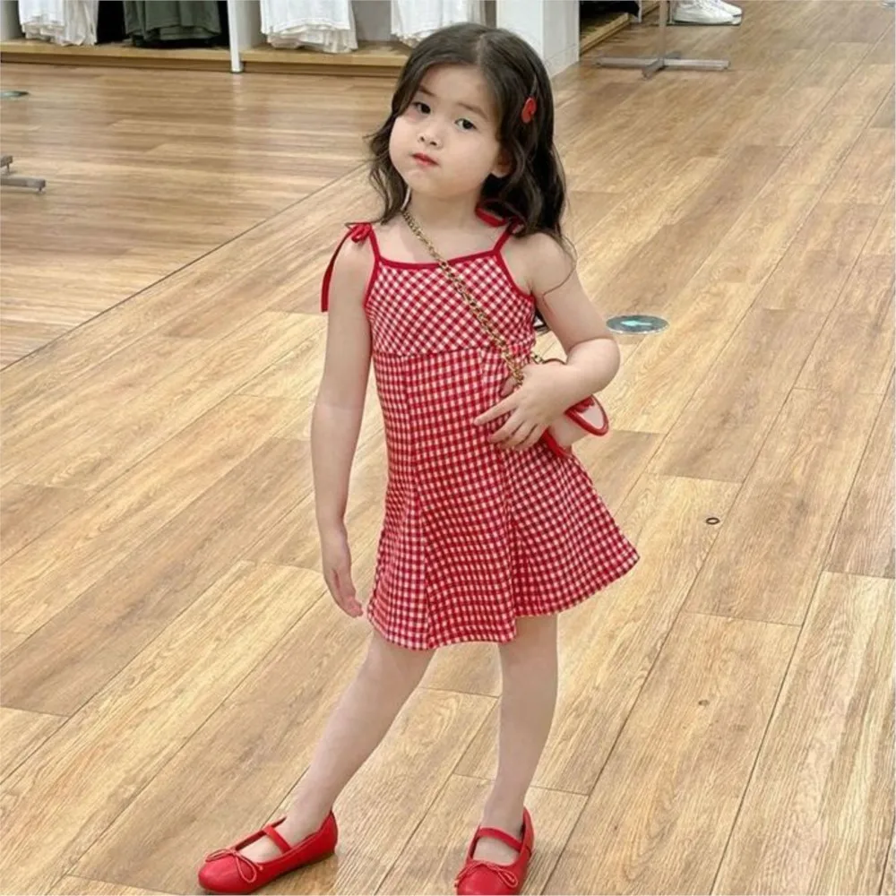 

Новинка весны и лета 2025 года, модные повседневные хлопковые клетчатые платья для маленьких девочек, детская одежда
