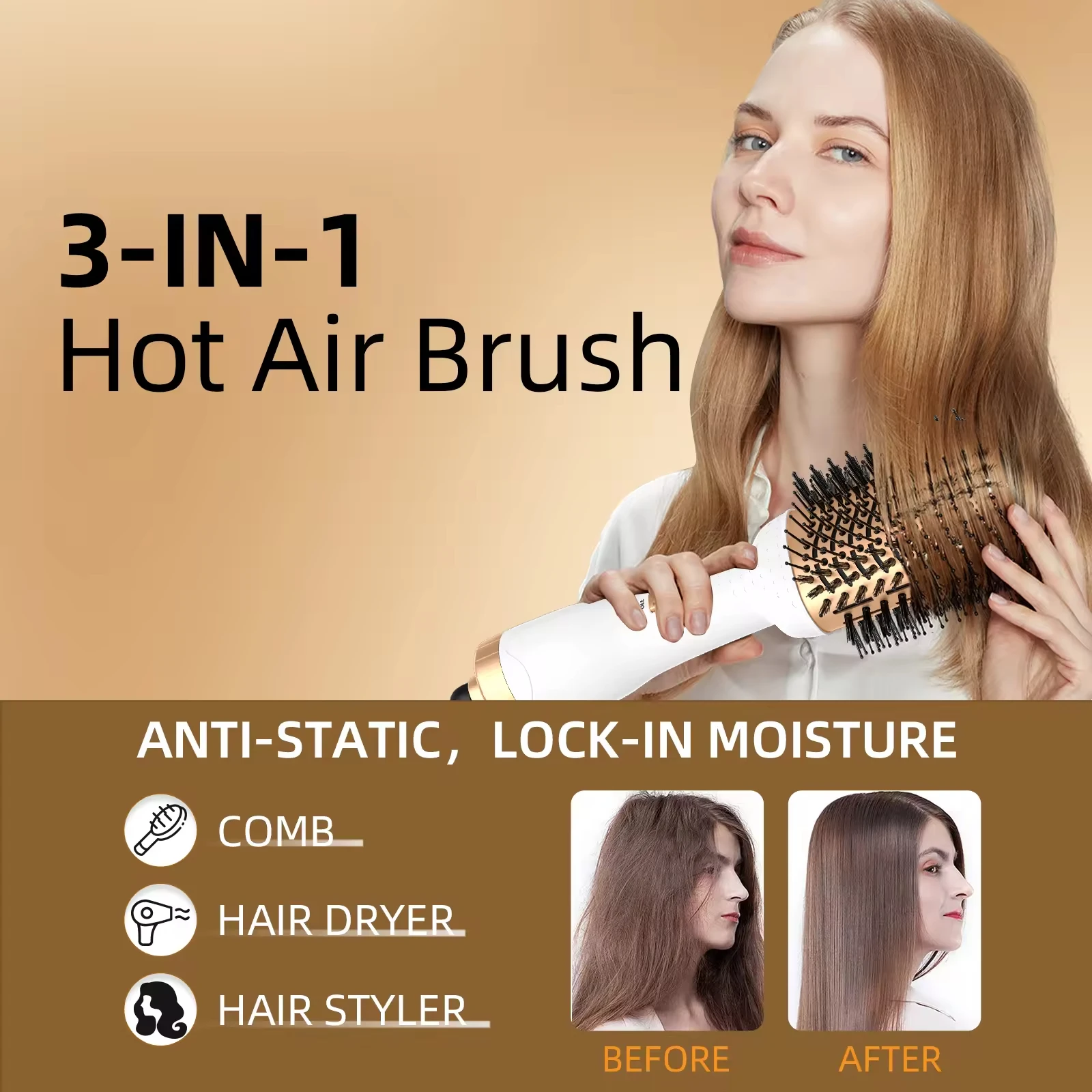 3-in-1 Hot Air Brush with Negative Ion Blow and Comb, Straight and Curl in One Hair Curler Wand