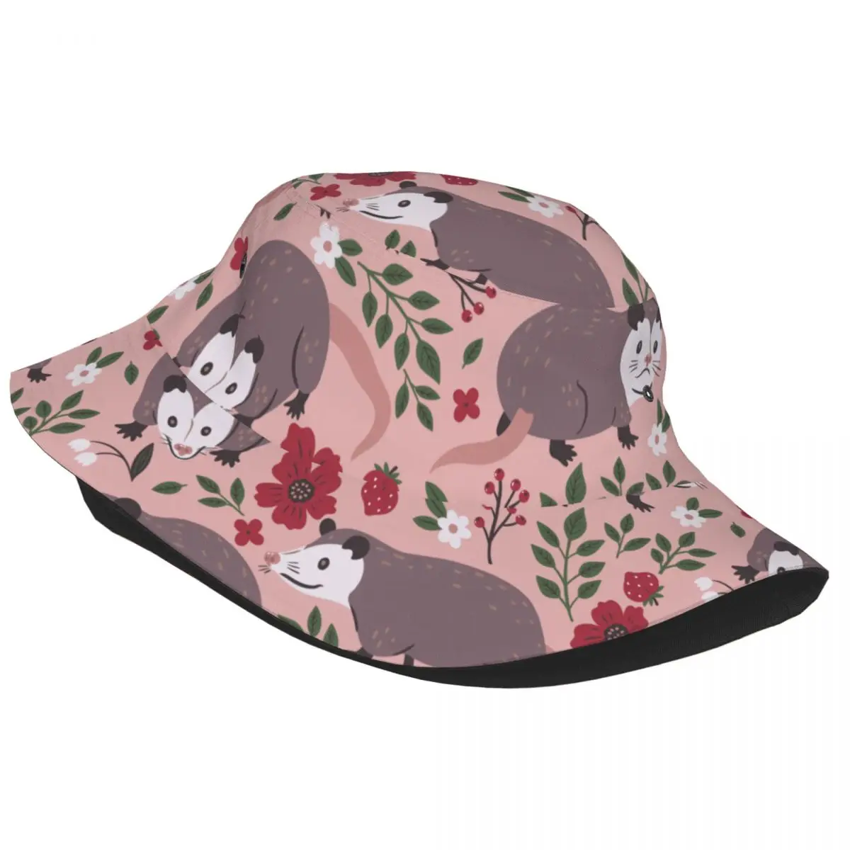 Cute Opossum Flowers Berries Bucket Hat Fisherman Foldable Women Men Sunscreen Shade Cap