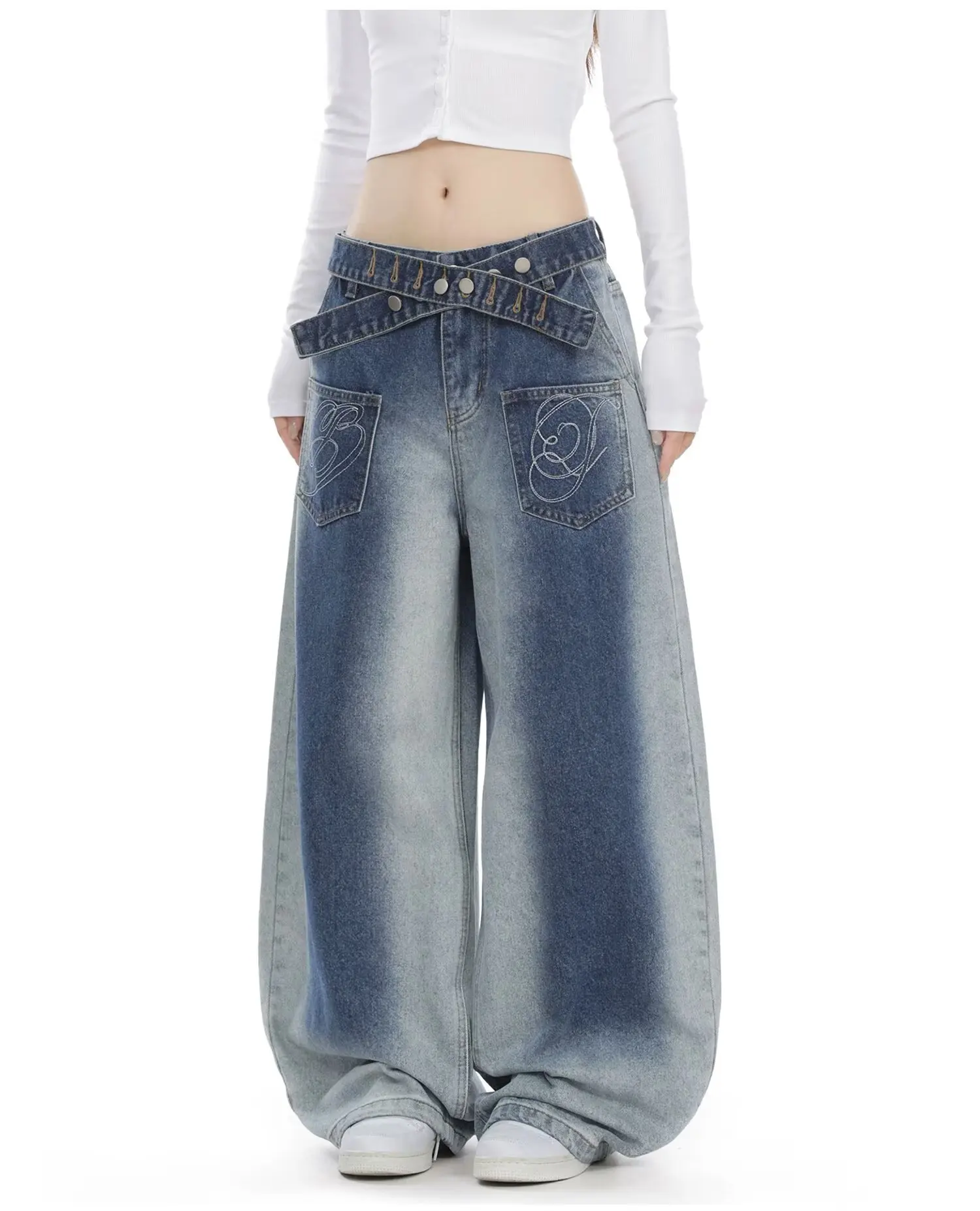 Gradient 2026 Autumn Blue Jeans Women Y2K Vintage High Waisted Jeans Straight Streetwear Loose Large Wide Leg Denim Pants