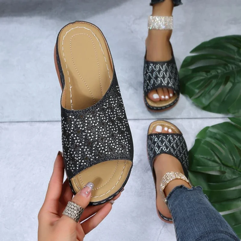 Ladies Slippers Rhinestone Platform Women Sandals Fashion Hollow Wedge Shoes for Women Summer Open Toe Big Size Beach Footwear