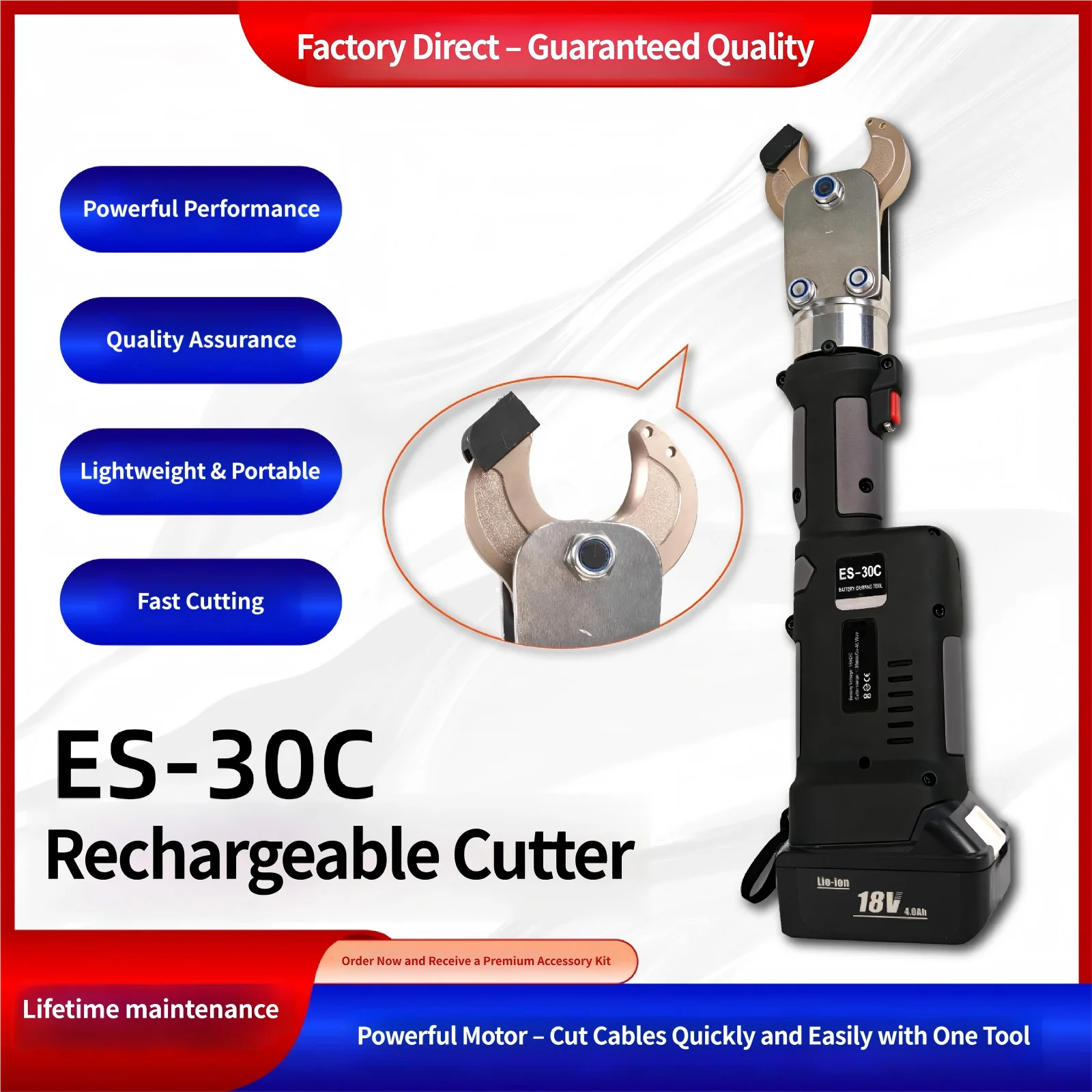 Rechargeable 18V DC Hydraulic Cable Cutter 30mm Cutting Capacity High Carbon Steel Blade Straight Handle Open Shears Portable