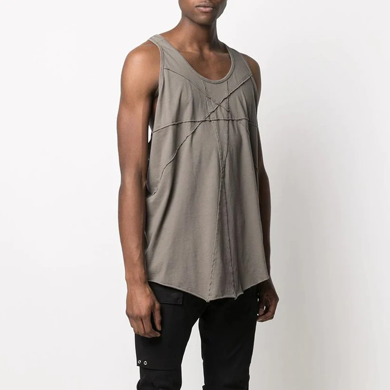 High Street Black Dark RO Cotton Patchwork Ribbon Tee Men's Tank Top Exposed Back and Frayed Edges