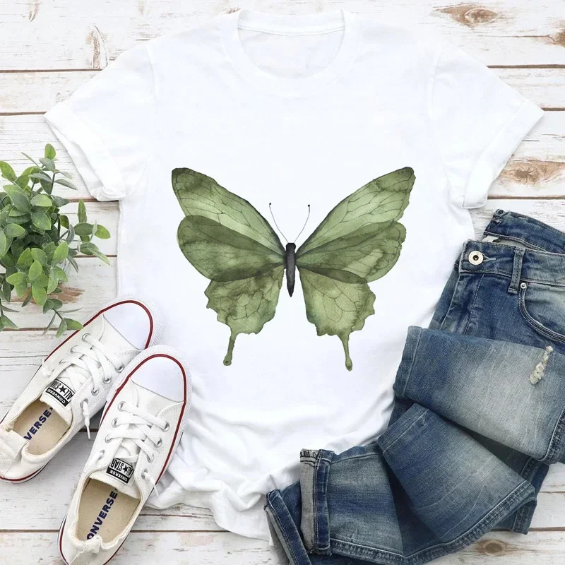 

Женская винтажная футболка с рисунком бабочки и короткими рукавами, модная базовая рубашка с принтом для Instagram, женская одежда