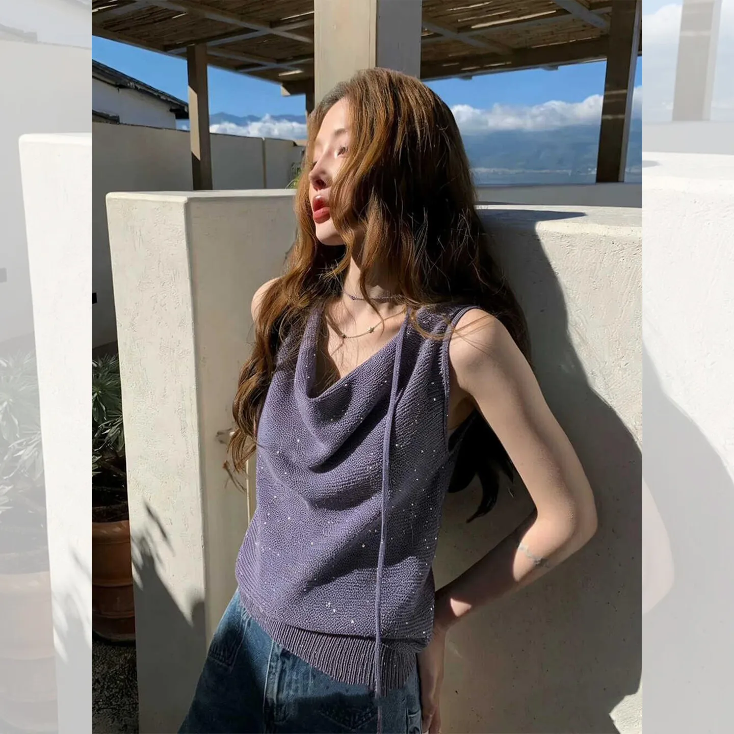 

Summer Chic Purple Knitted Camisole Tops Women Elegant Unique Sleeveless Vest Fashion Outerwear Inner Wear Shoulder Strap Slim