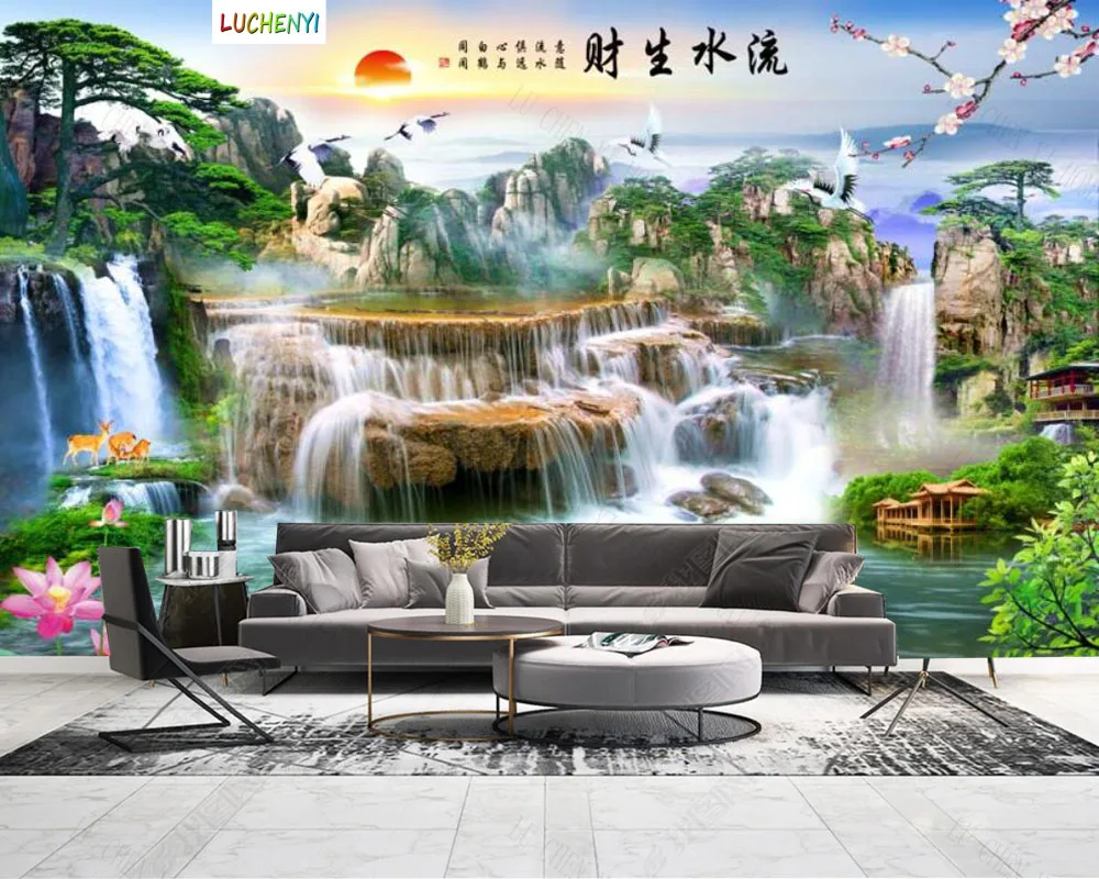 

Papel de parede flowing generates wealth flowing water landscape painting lobby wallpaper mural, wallpaper home decoration