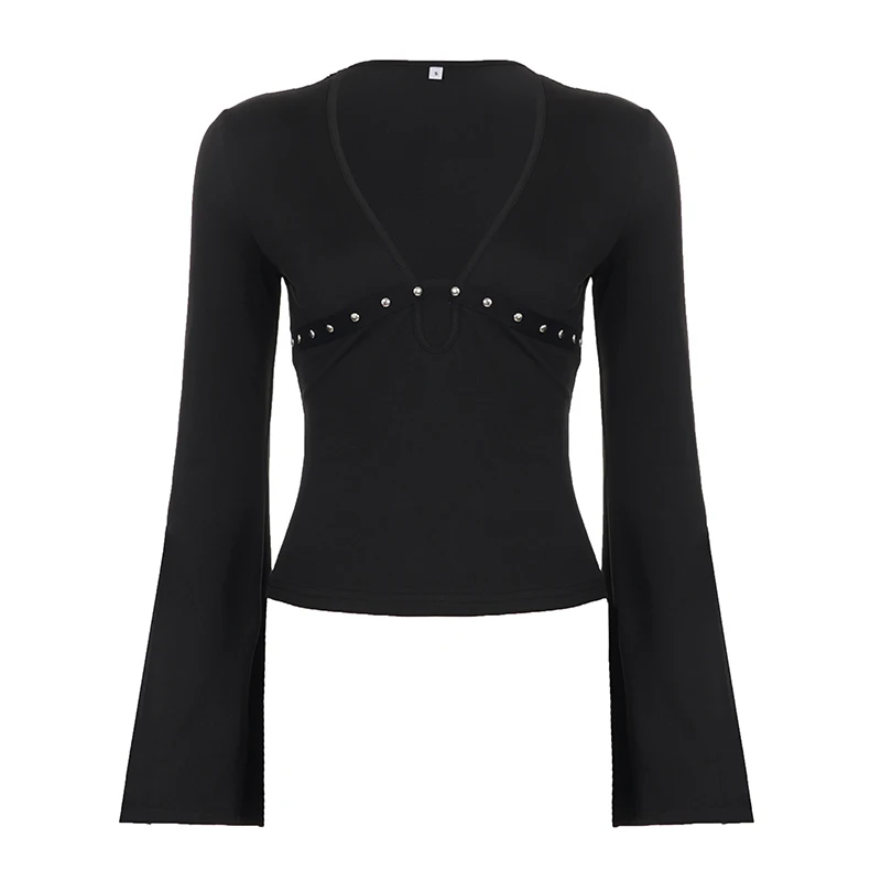 [RUOKE] Y2K Grunge Studded Long Sleeve Top Women Deep V Neck Cutout Flare Sleeve Slim Fit Gothic Streetwear Tee Party Halloween