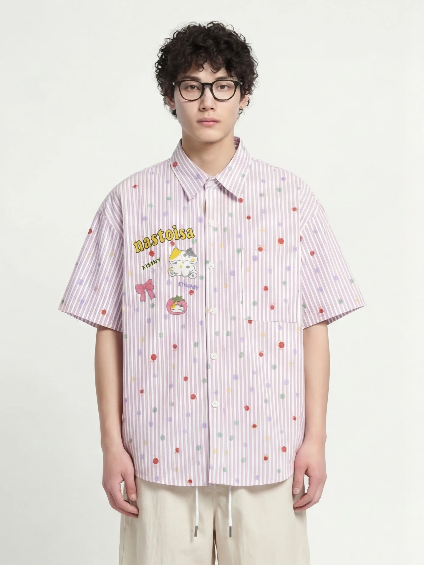 

Повседневная полосатая рубашка с коротким рукавом для детей, с мультяшным принтом, свободного кроя, дышащая, из смеси хлопка и полиэстера, летняя.