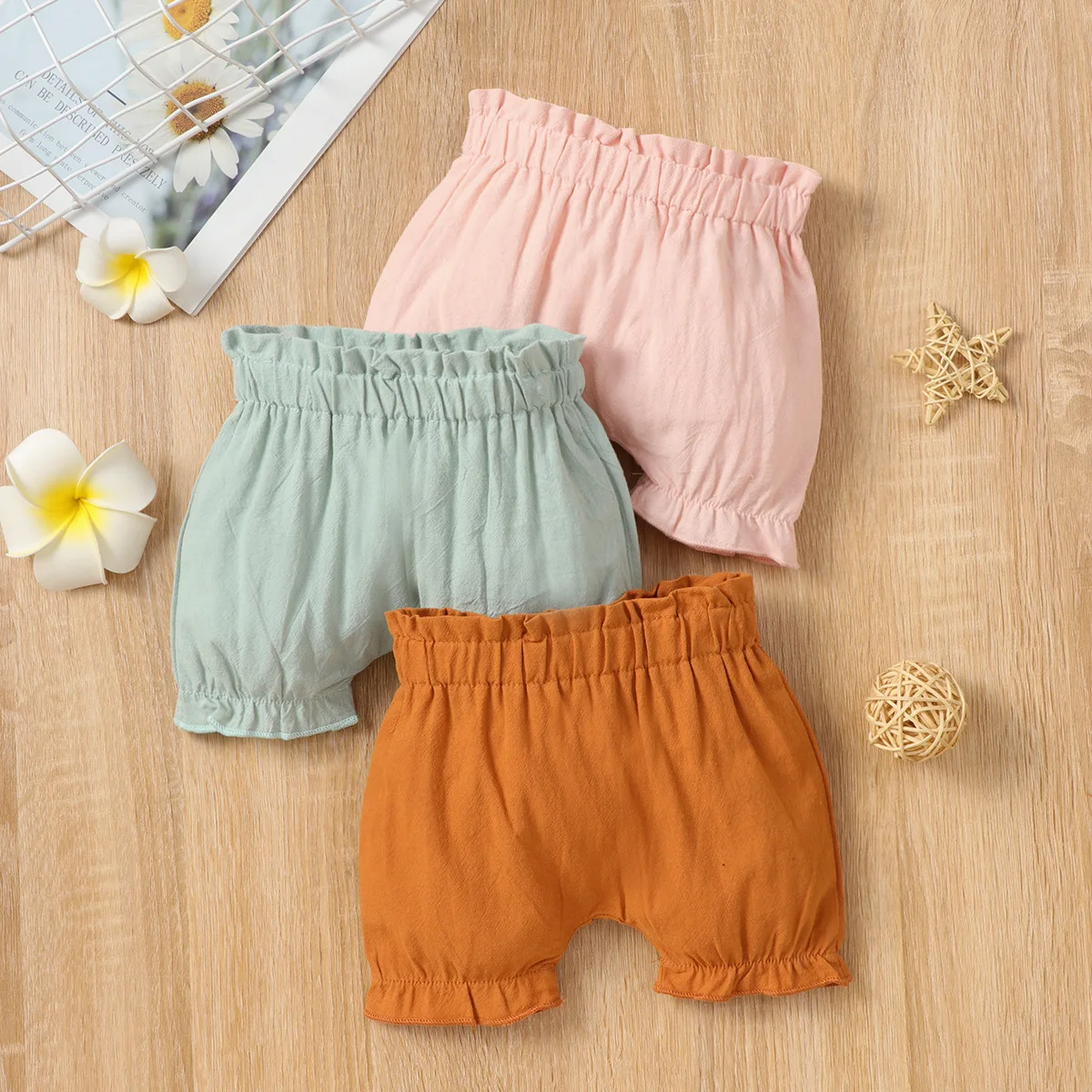 Summer New Girl Baby Solid Color Elastic Band Lantern Flower Bud Casual Cute Shorts