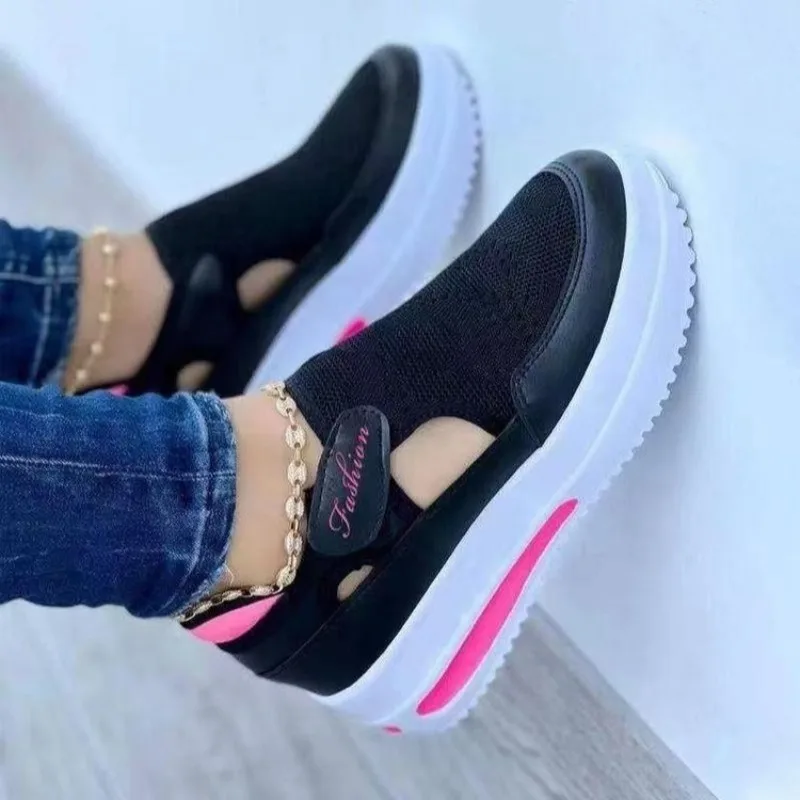 2024 Summer Large Breathable Casual Single Shoe with Slope Heel Thick Bottom Hollow Round Head Low Top Sandals for Women