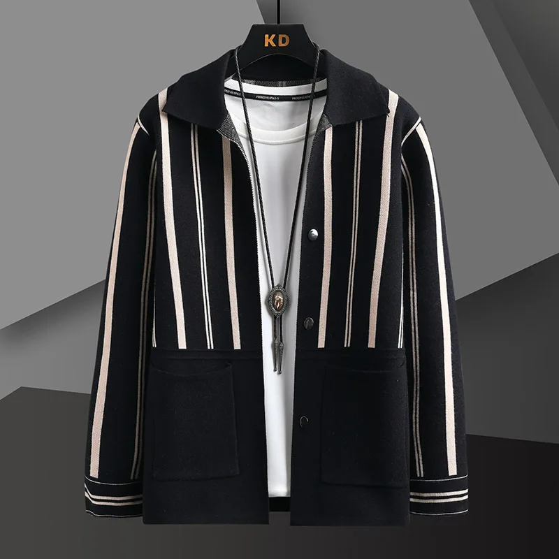 England Style Lapel Men Cardigan Fashion Brand Autumn Winter Designer Cardigan Plus Size Striped Spliced Cardigan Knit Jacket