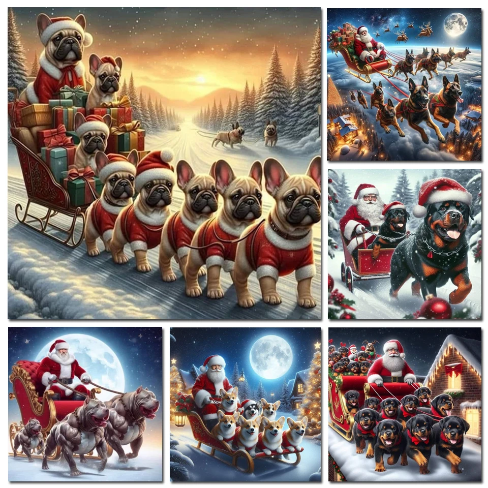 ใหม่เพชรภาพวาดศิลปะชุดปักครอสติสสุนัขเลื่อนSanta Claus Moon 5D DIYเพชรโมเสคเย็บปักถักร้อยคริสต์มาสของขวัญ