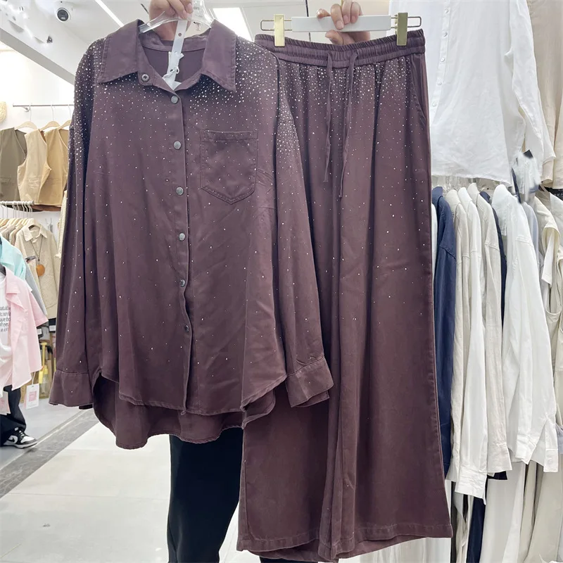 

SuperAen European Style Diamonds Single-breasted Loose Long-sleeved Denim Shirt Oversize Long Wide-leg Pants Sets