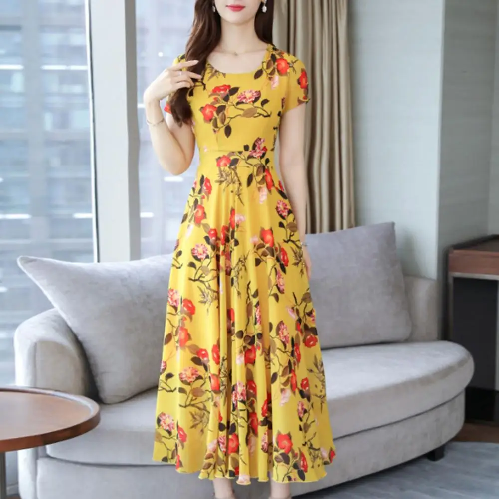 Holiday Dress Slim Fit O-neck Short Sleeve Waist Tight Pleated Large Hem Summer Dress Elegant Floral Print A-Line Midi Dress