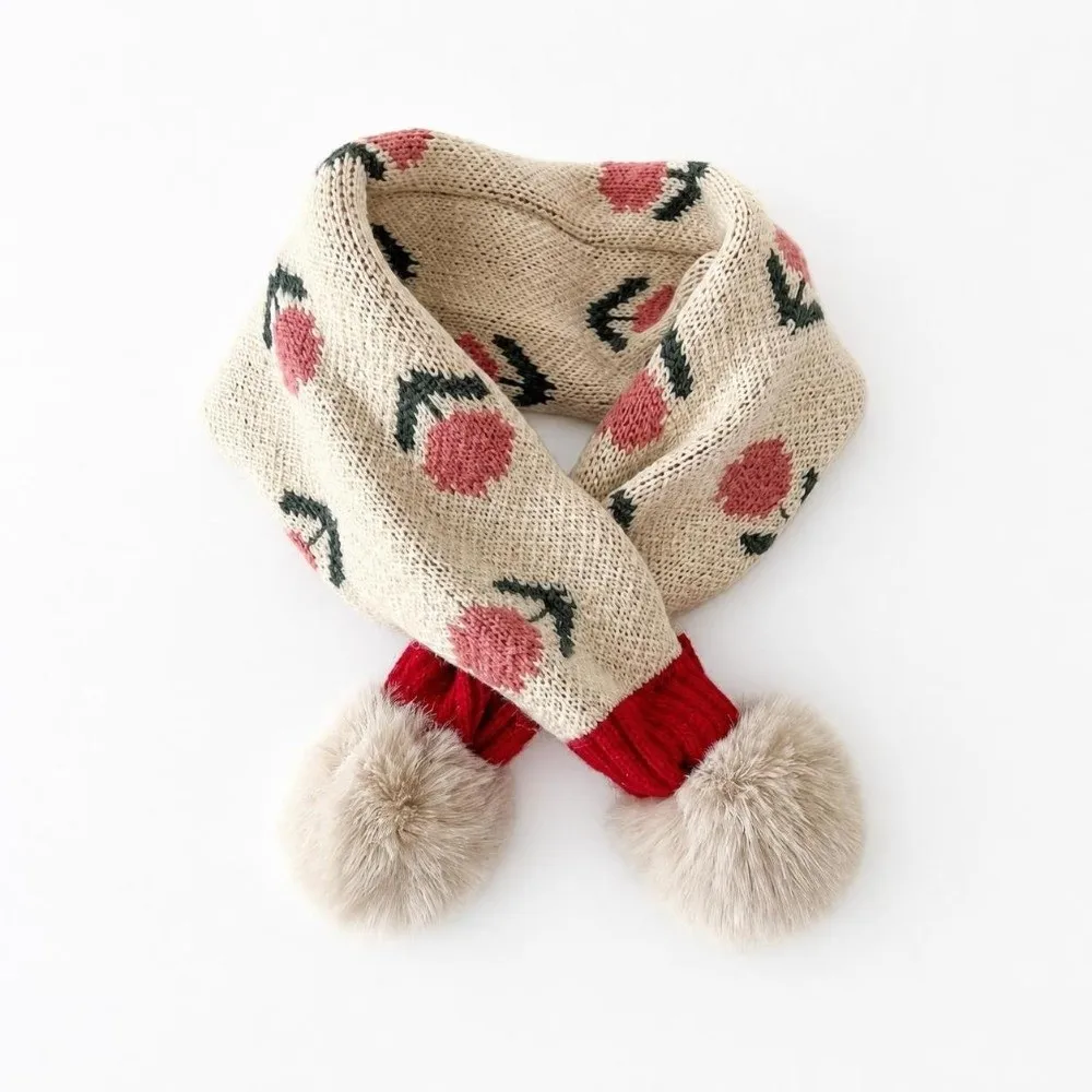 Jacquard Pattern Children Knitted Scarf Flower Print Windproof Winter Neckerchief Thick Pompon Cross Scarf