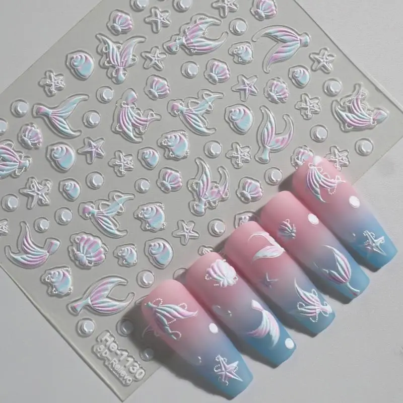 

5D Summer Seashell Nail Sticker Shiny Embossed Starfish Nail Stickers Summer Beach Fishtail Jellyfish Nail Decals Decoration DIY